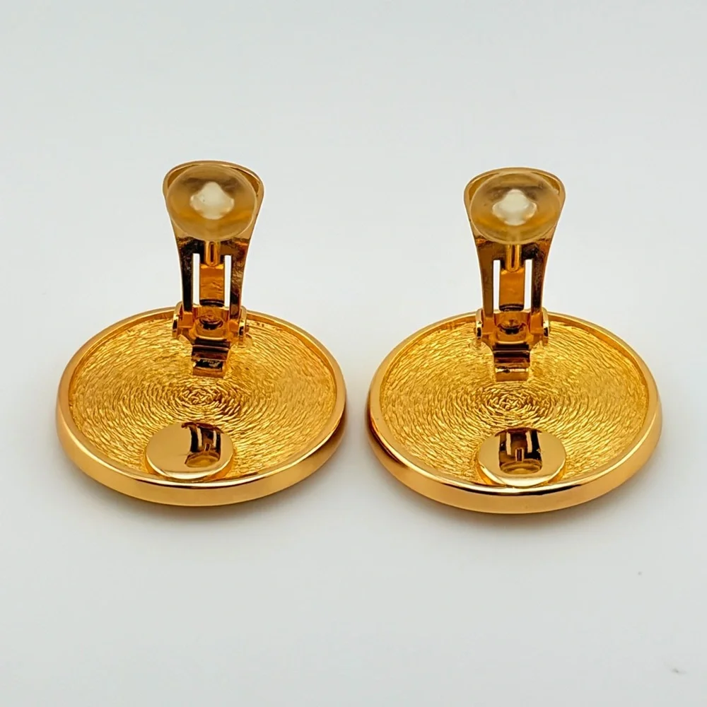 Vintage Christian Dior Gold Plated Monogram Button Clip On Earrings HUGE - Picture 6 of 6